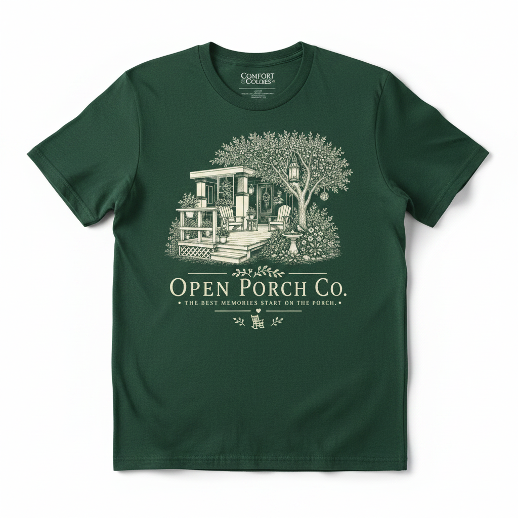 Open Porch Co. Logo Tee in emerald green with large porch scene on front