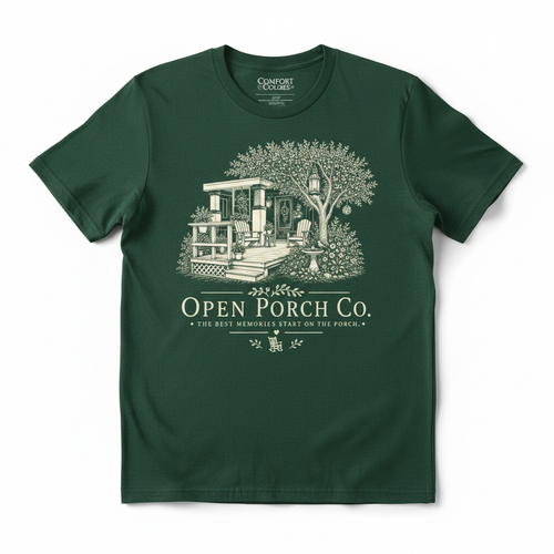 Open Porch Co. Logo Tee in emerald green with large porch scene on front