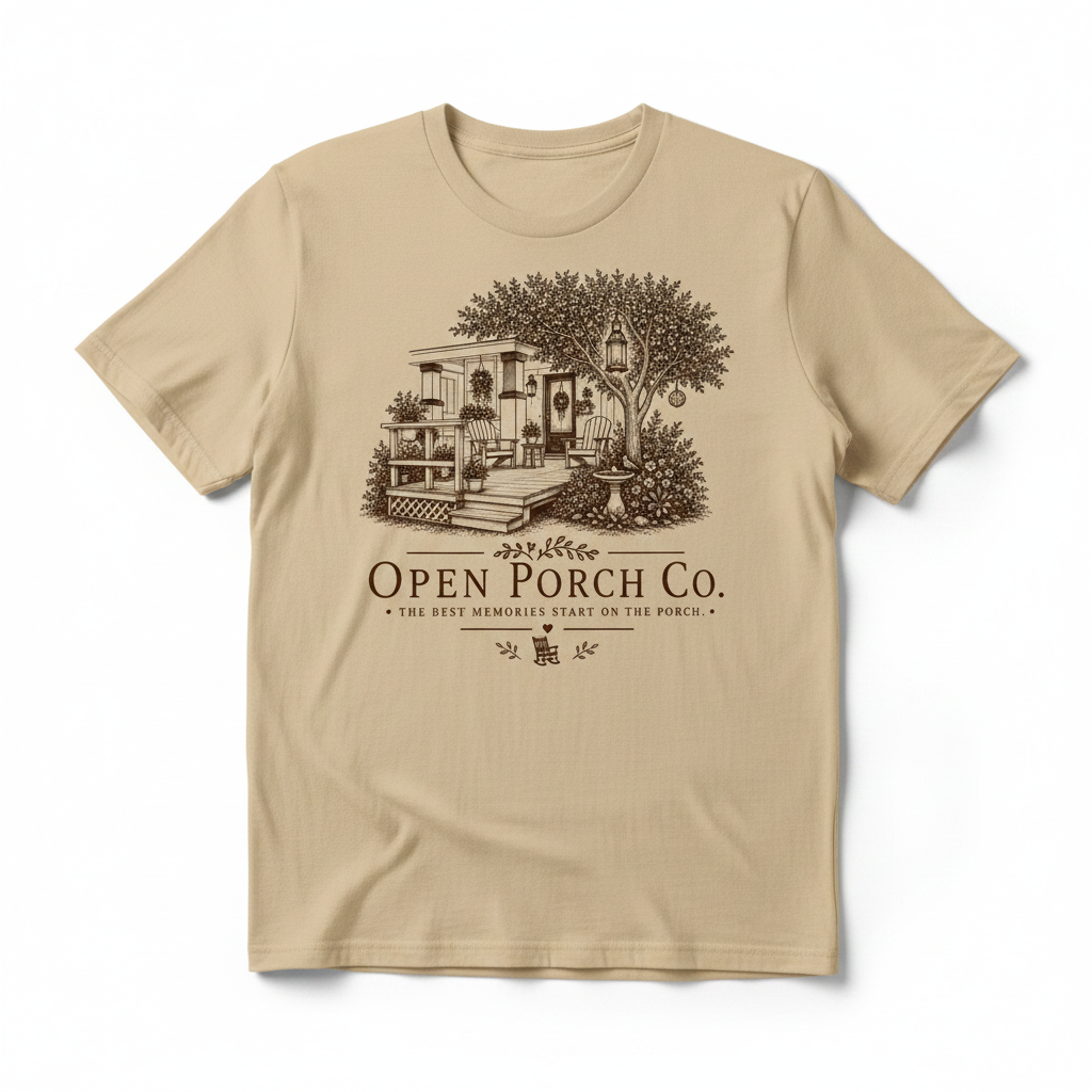 Open Porch Co. Gildan Logo Tee in Sand with large porch scene on front