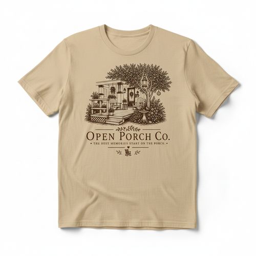 Open Porch Co. Gildan Logo Tee in Sand with large porch scene on front