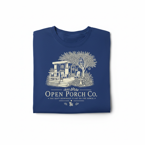 Open Porch Co. Gildan Logo Tee in Cobalt with large porch scene on front
