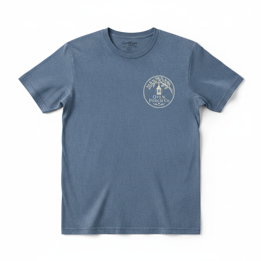 Open Porch Co. Signature Tee front with lantern logo on chest, faded denim blue