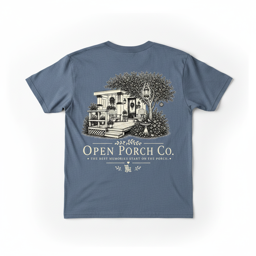 Open Porch Co. Signature Tee back with porch scene graphic, faded denim blue