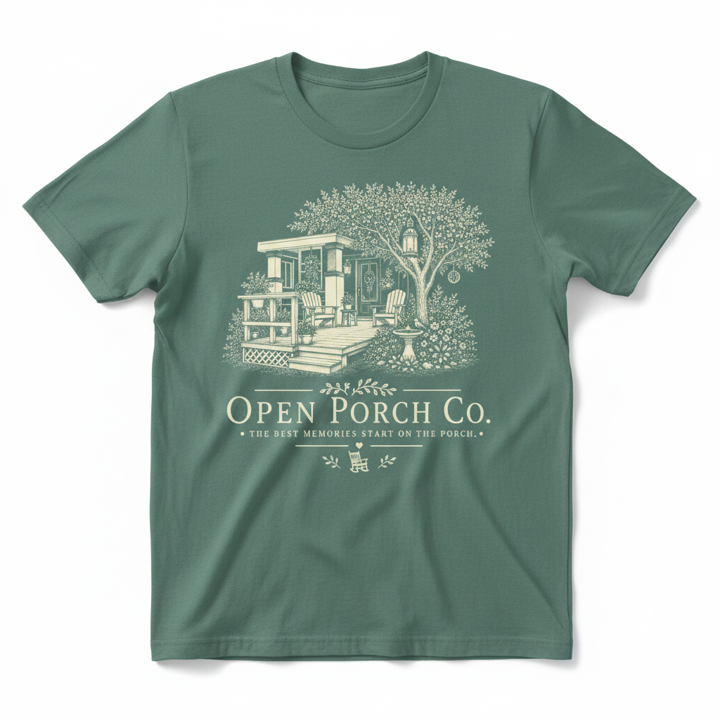 Open Porch Co. Gildan Logo Tee in Aquatic with large porch scene on front
